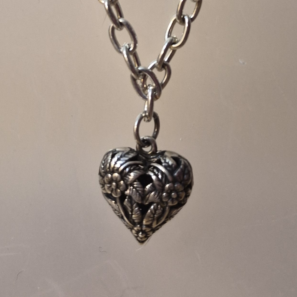 Re-Imagined Silver Heart Necklace Open Scrollwork Heart Pendant 18 In Chain Euc
